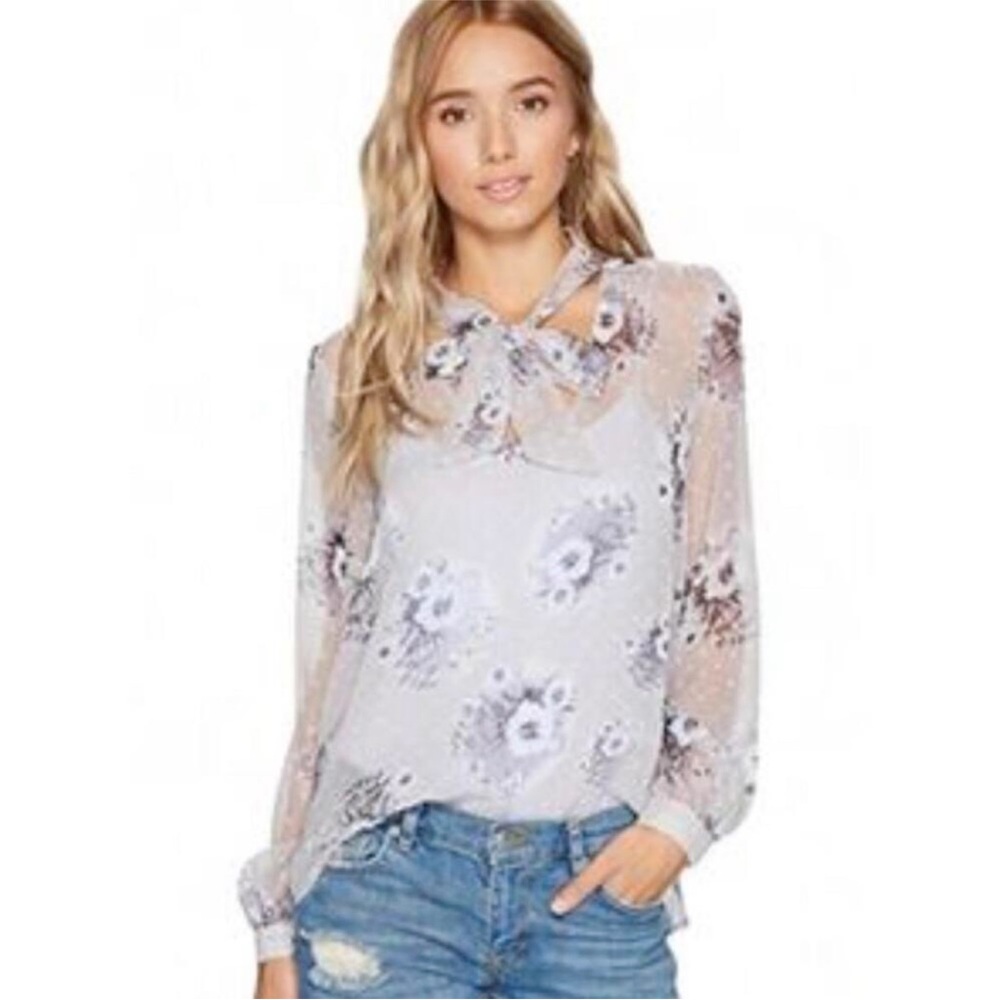 Bishop + Young light gray purple floral sheer bow tie neck top size Small